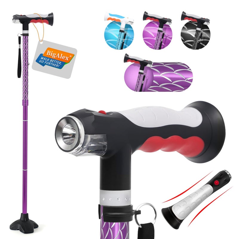 BigAlex Folding Walking Sticks with Two Led Lights for Men & Women, Walking Stick for Elderly with Solid Base, Adjustable Quad Cane Stick with Carrying Bag, Foldable Walking Aid with Ergonomic Handle